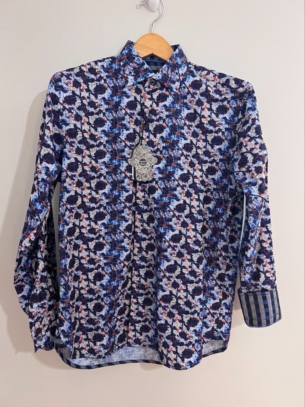 NWT Luchiano Visconti Black Men’s Shirt Small Abstract Blue Multicolor Print$125